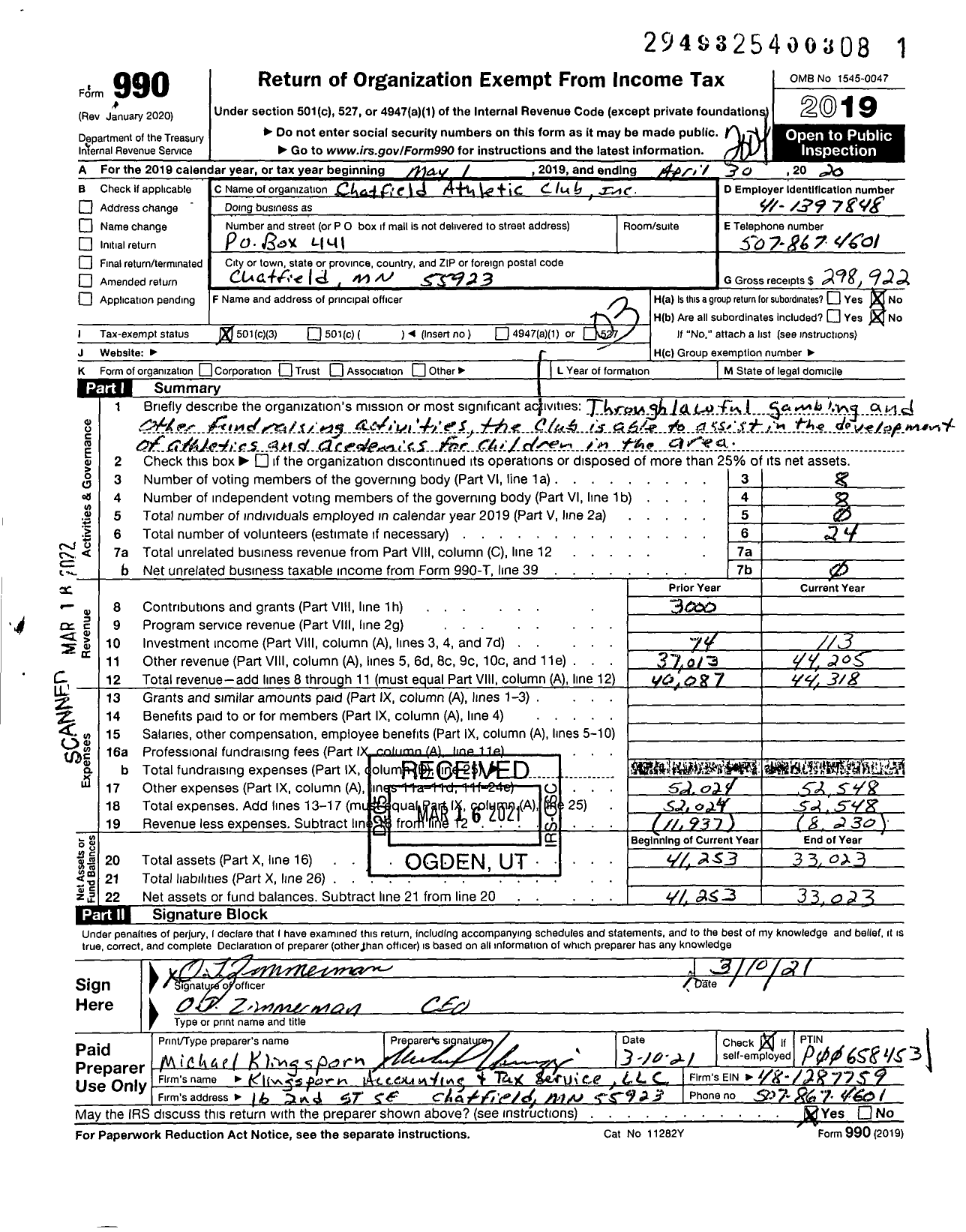 Image of first page of 2019 Form 990 for Chatfield Athletic Club