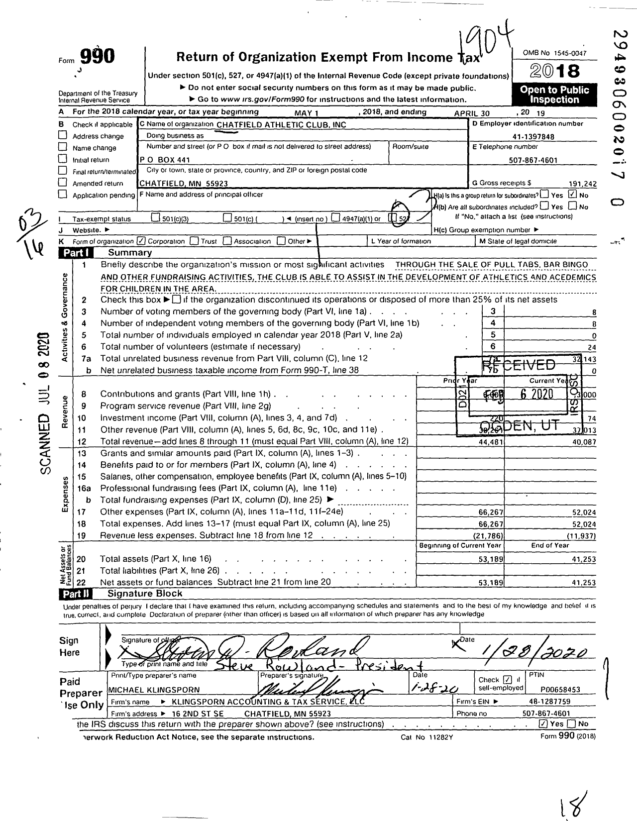 Image of first page of 2018 Form 990 for Chatfield Athletic Club