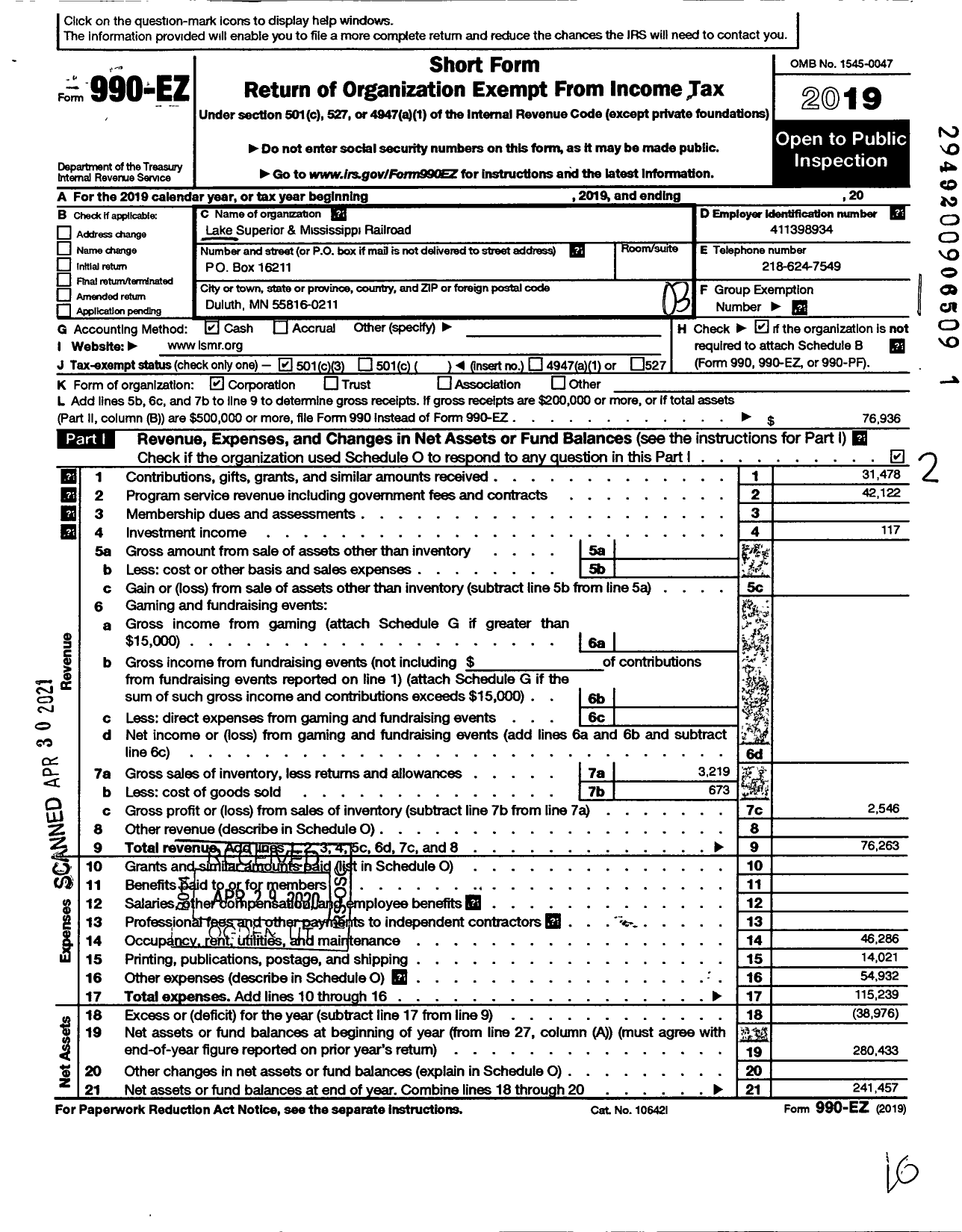 Image of first page of 2019 Form 990EZ for Lake Superior and Mississippi Railroad