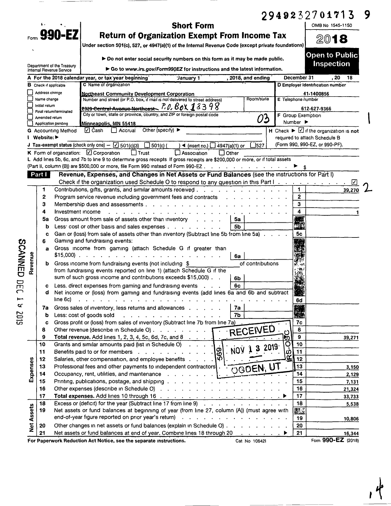 Image of first page of 2018 Form 990EZ for Northeast Minneapolis Arts District