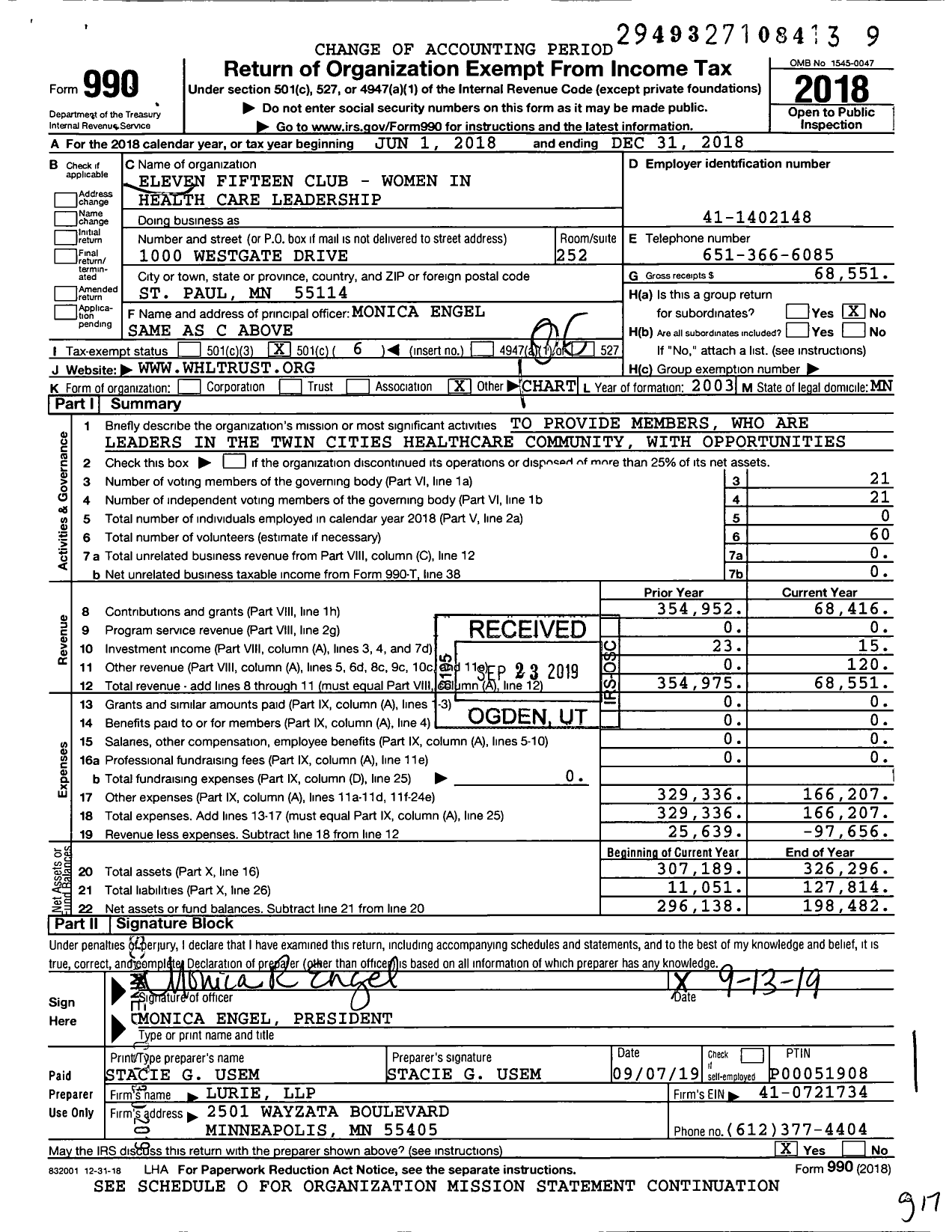 Image of first page of 2018 Form 990O for Eleven Fifteen Club - Women in Health Care Leadership