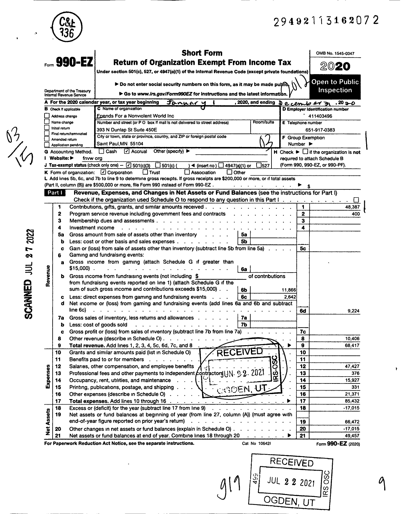 Image of first page of 2020 Form 990EZ for Friends for A Non-Violent World