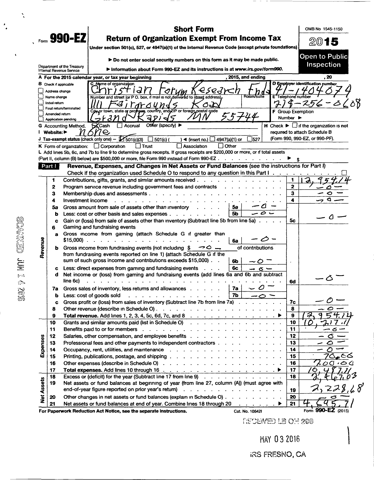 Image of first page of 2015 Form 990EZ for Christian Forum Research FND