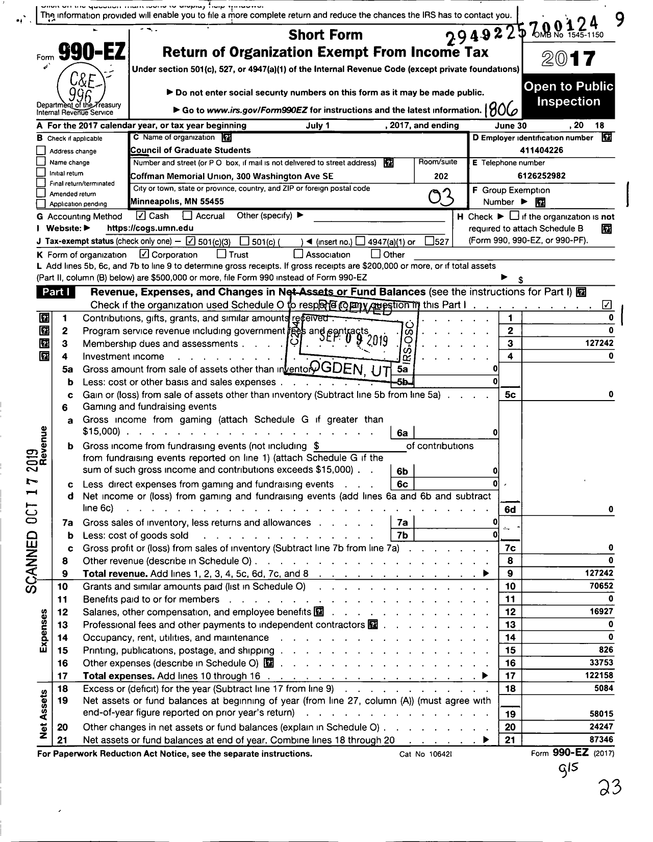 Image of first page of 2017 Form 990EZ for Council of Graduate Students