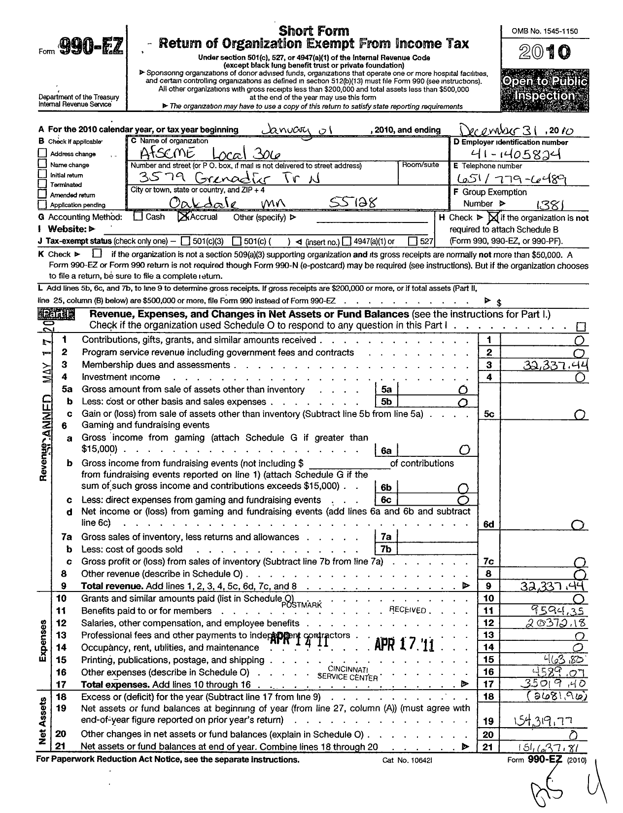 Image of first page of 2010 Form 990EO for American Federation of State County & Municipal Employees - L0306MN Dakota Co MN Employees