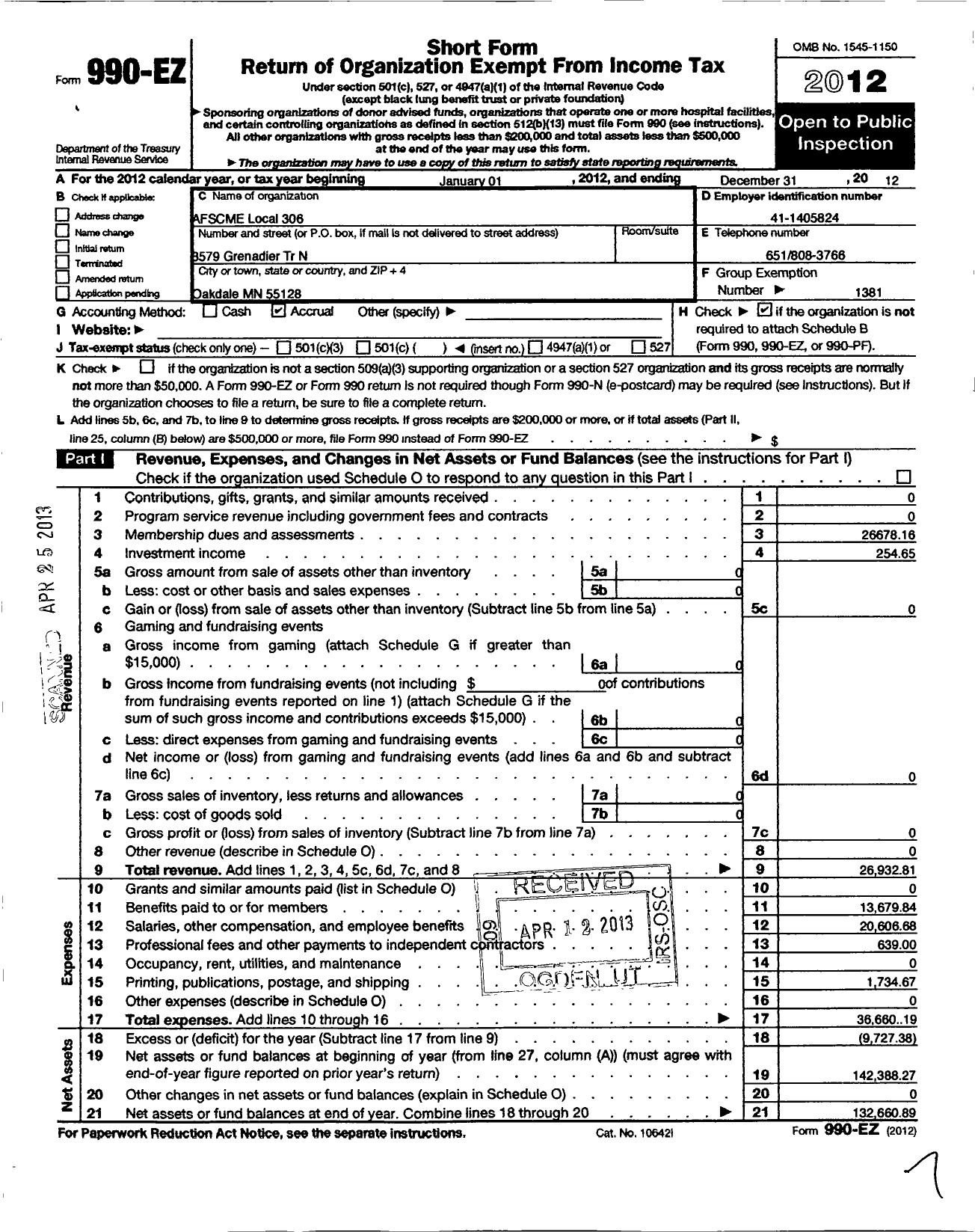 Image of first page of 2012 Form 990EO for American Federation of State County & Municipal Employees - L0306MN Dakota Co MN Employees