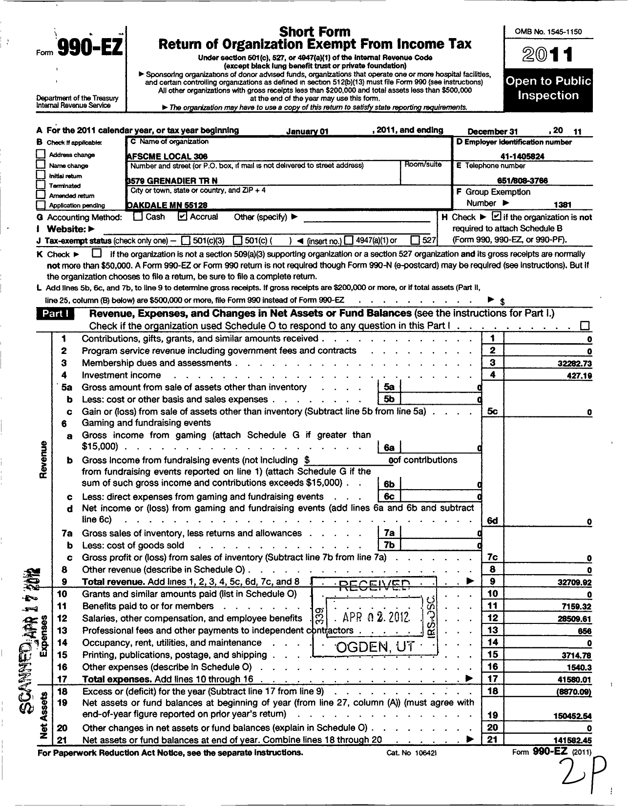 Image of first page of 2011 Form 990EO for American Federation of State County & Municipal Employees - L0306MN Dakota Co MN Employees