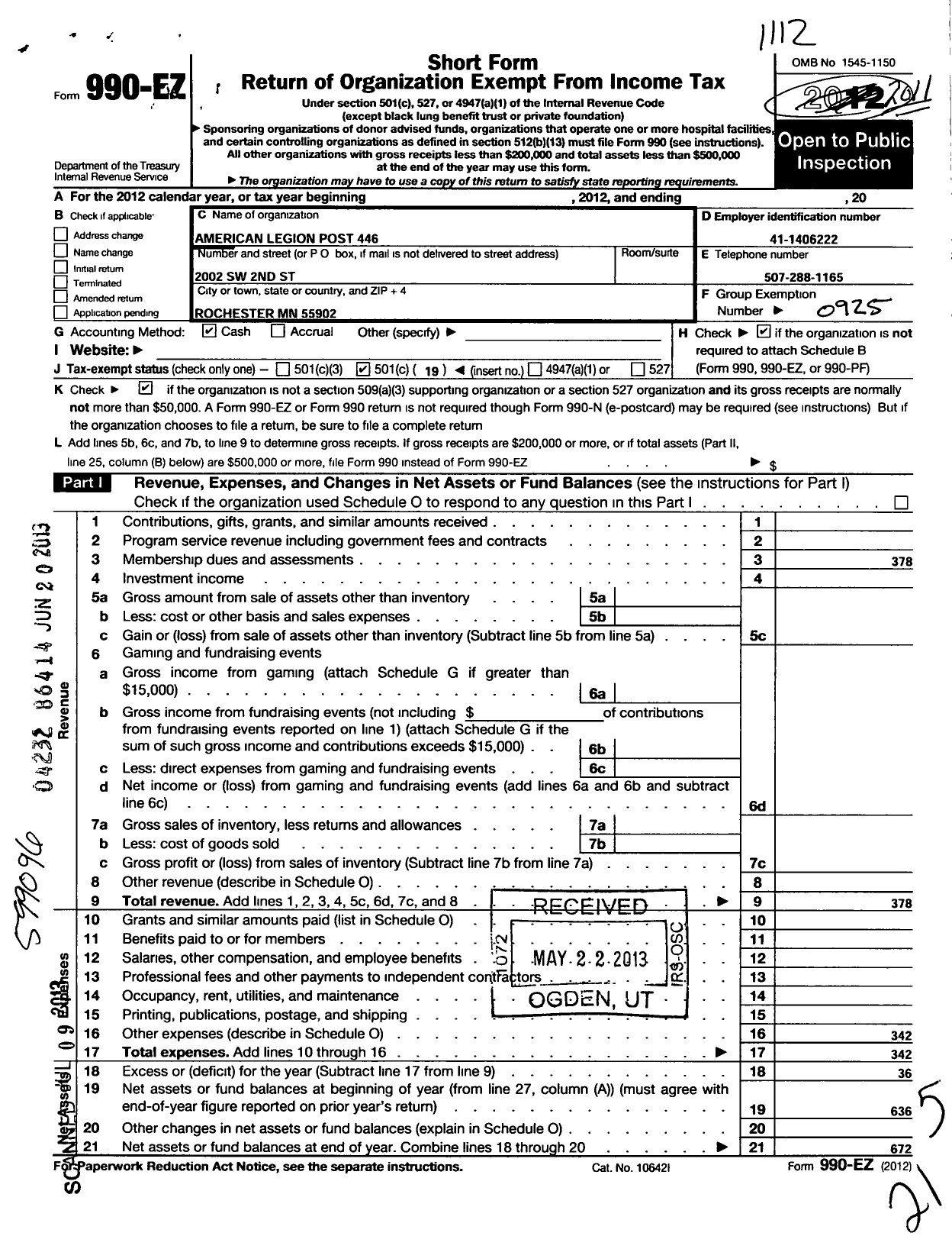 Image of first page of 2011 Form 990EO for American Legion - 0446 Rochester Post MN