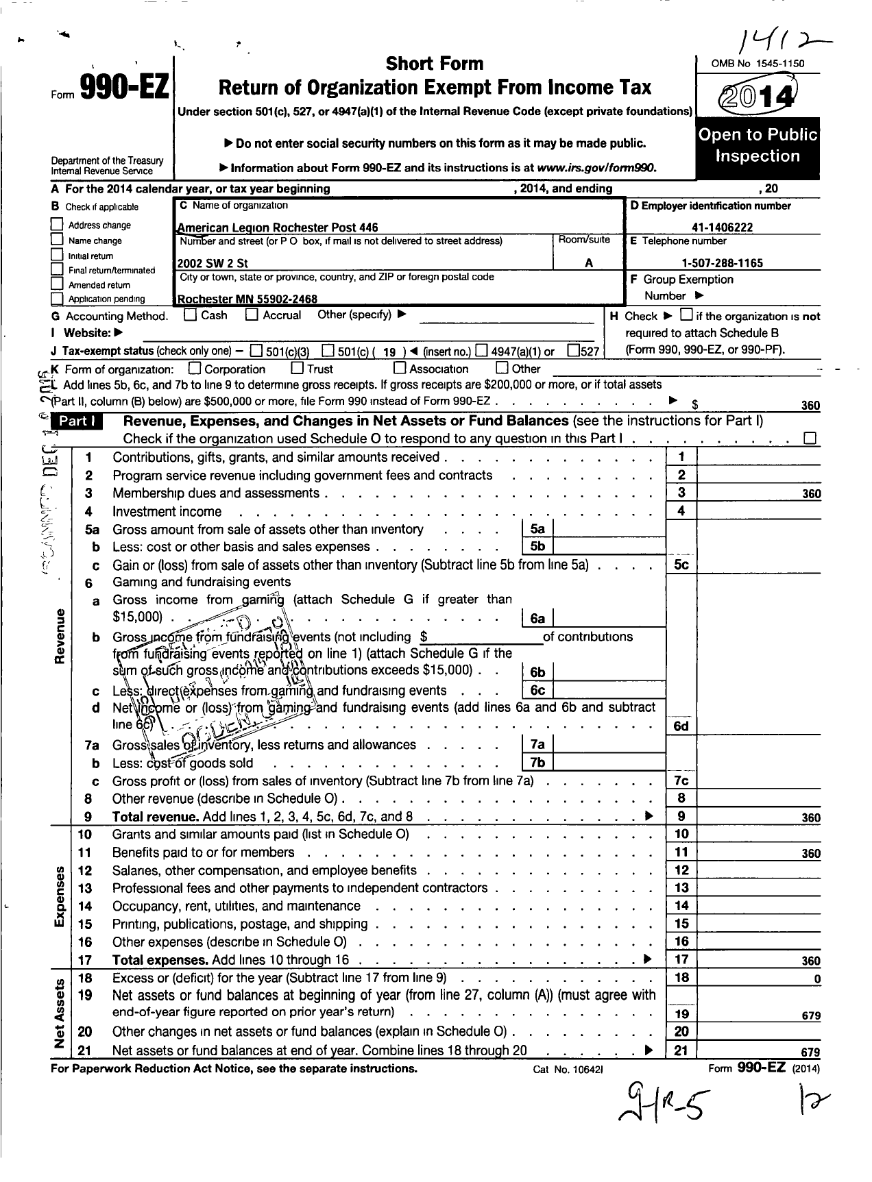 Image of first page of 2014 Form 990EO for American Legion - 0446 Rochester Post MN