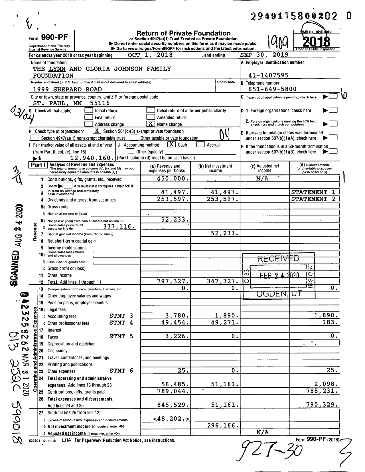 Image of first page of 2018 Form 990PR for The Lynn and Gloria Johnson Family Foundation