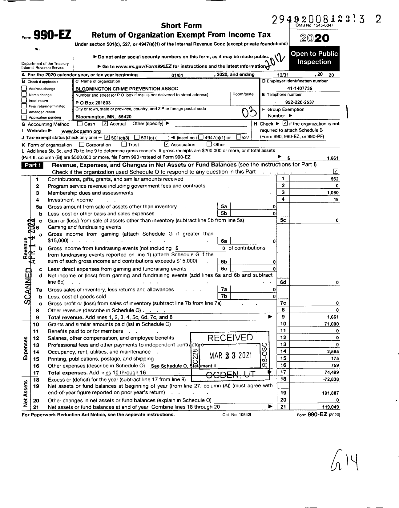 Image of first page of 2020 Form 990EZ for Bloomington Crime Prevention Association