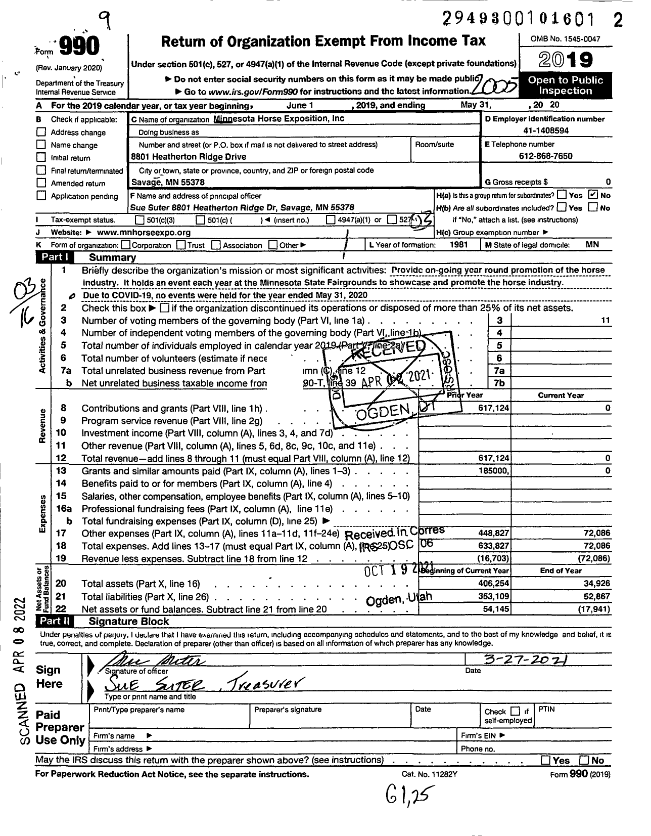 Image of first page of 2019 Form 990 for Minnesota Horse Exposition