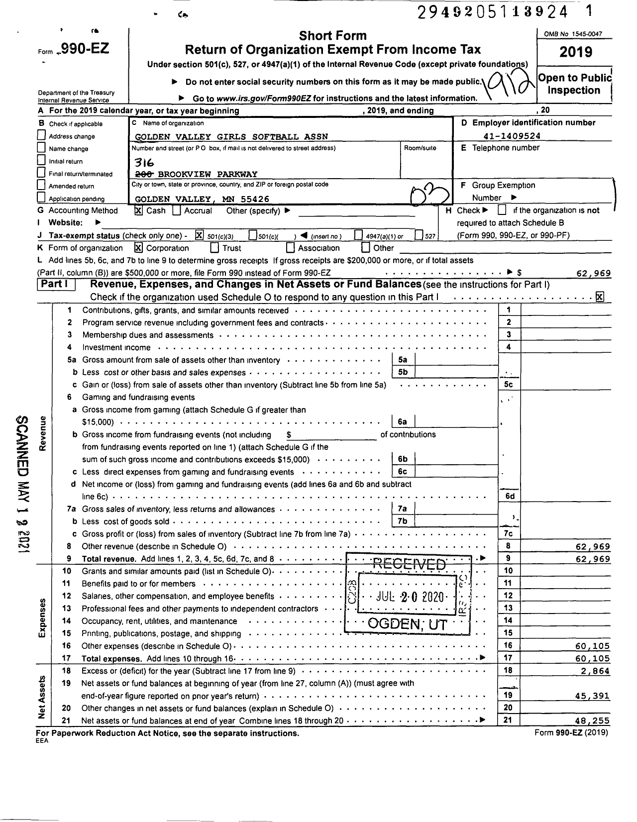 Image of first page of 2019 Form 990EZ for Golden Valley Girls Softball Association