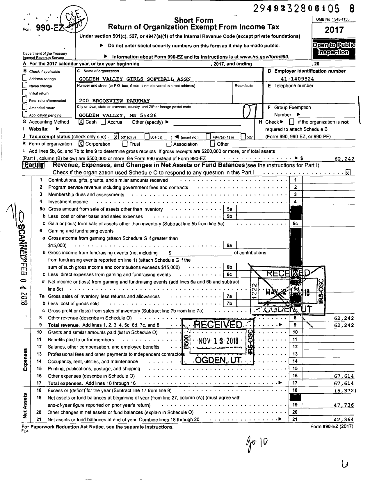 Image of first page of 2017 Form 990EO for Golden Valley Girls Softball Association