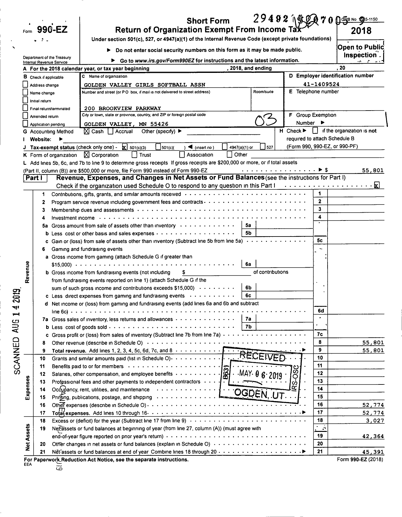 Image of first page of 2018 Form 990EZ for Golden Valley Girls Softball Association