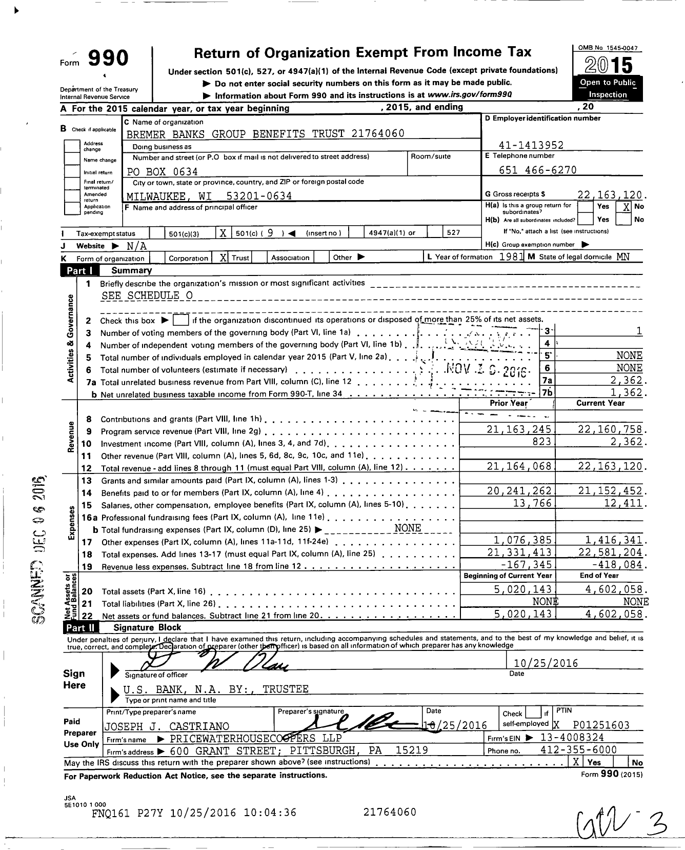 Image of first page of 2015 Form 990O for Bremer Banks Group Benefits Trust 21764060