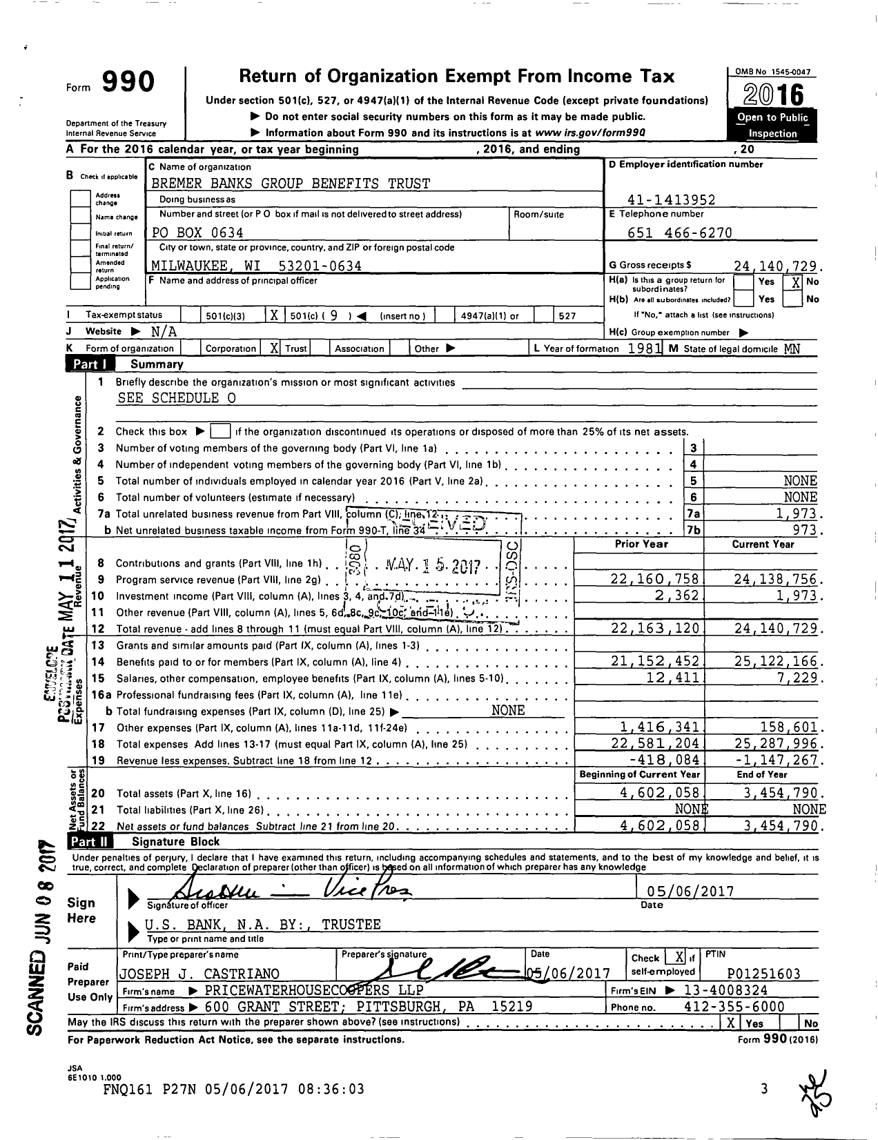 Image of first page of 2016 Form 990O for Bremer Banks Group Benefits Trust 21764060