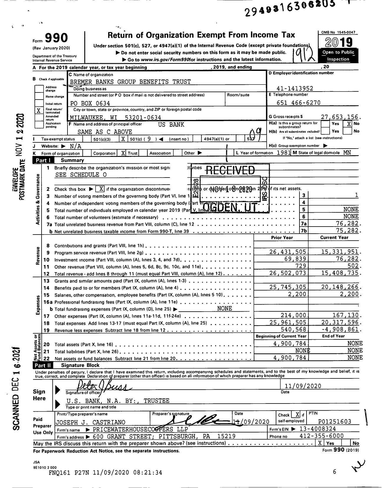 Image of first page of 2019 Form 990O for Bremer Banks Group Benefits Trust 21764060
