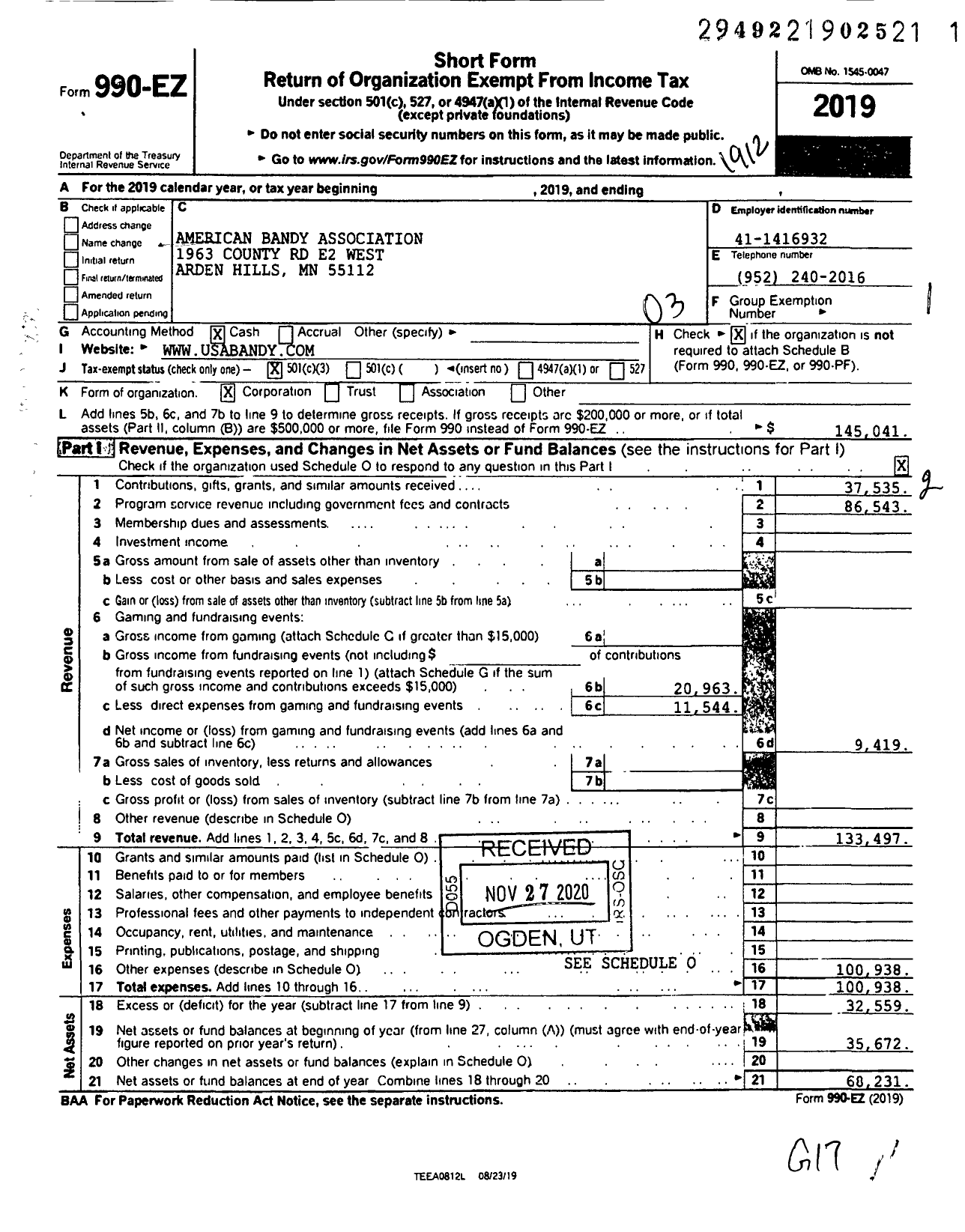 Image of first page of 2019 Form 990EZ for American Bandy Association