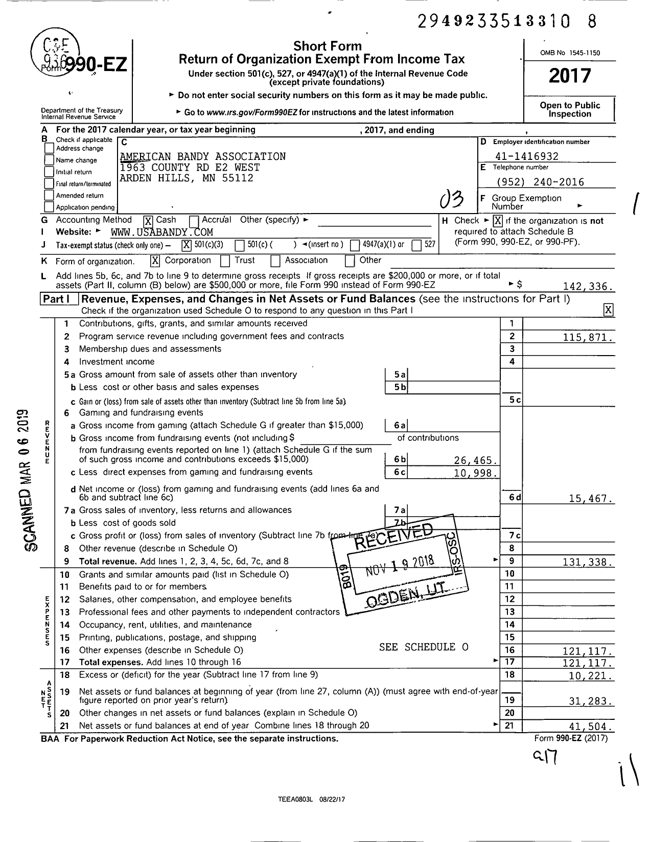 Image of first page of 2017 Form 990EZ for American Bandy Association