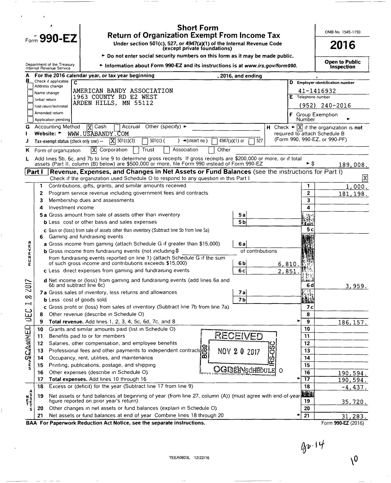 Image of first page of 2016 Form 990EZ for American Bandy Association