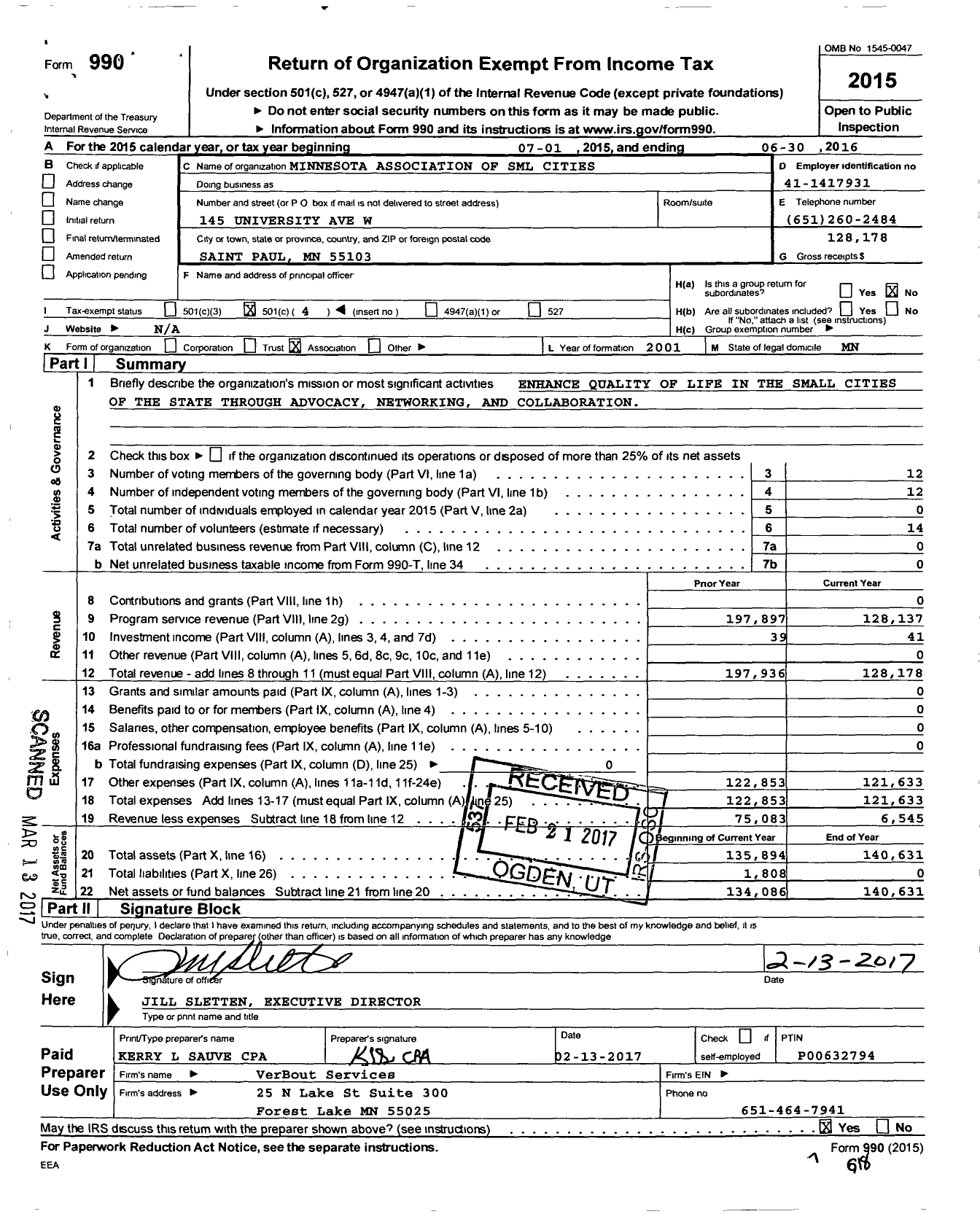 Image of first page of 2015 Form 990O for Minnesota Association of Small Cities