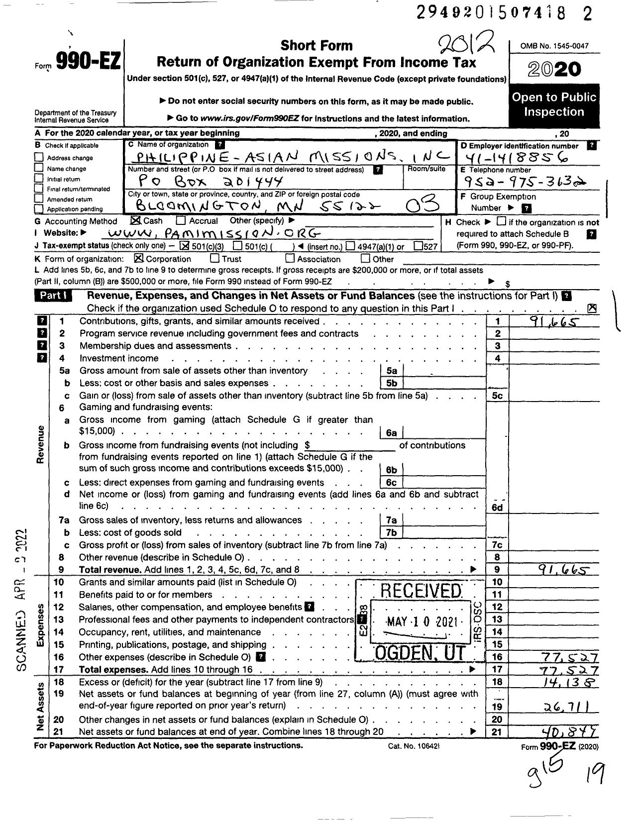 Image of first page of 2020 Form 990EZ for Philippine-Asian Missions