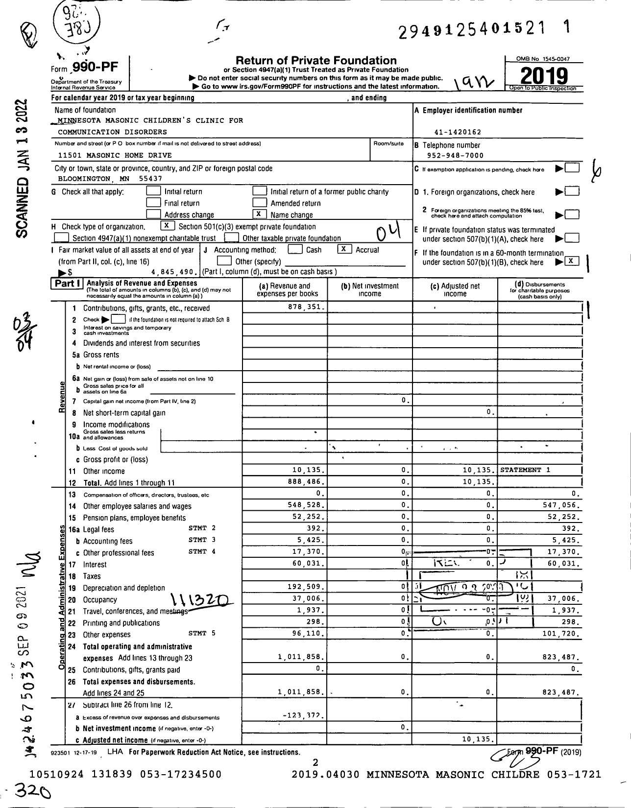 Image of first page of 2019 Form 990PF for Minnesota Masonic Children's Clinic for Communication Disorders