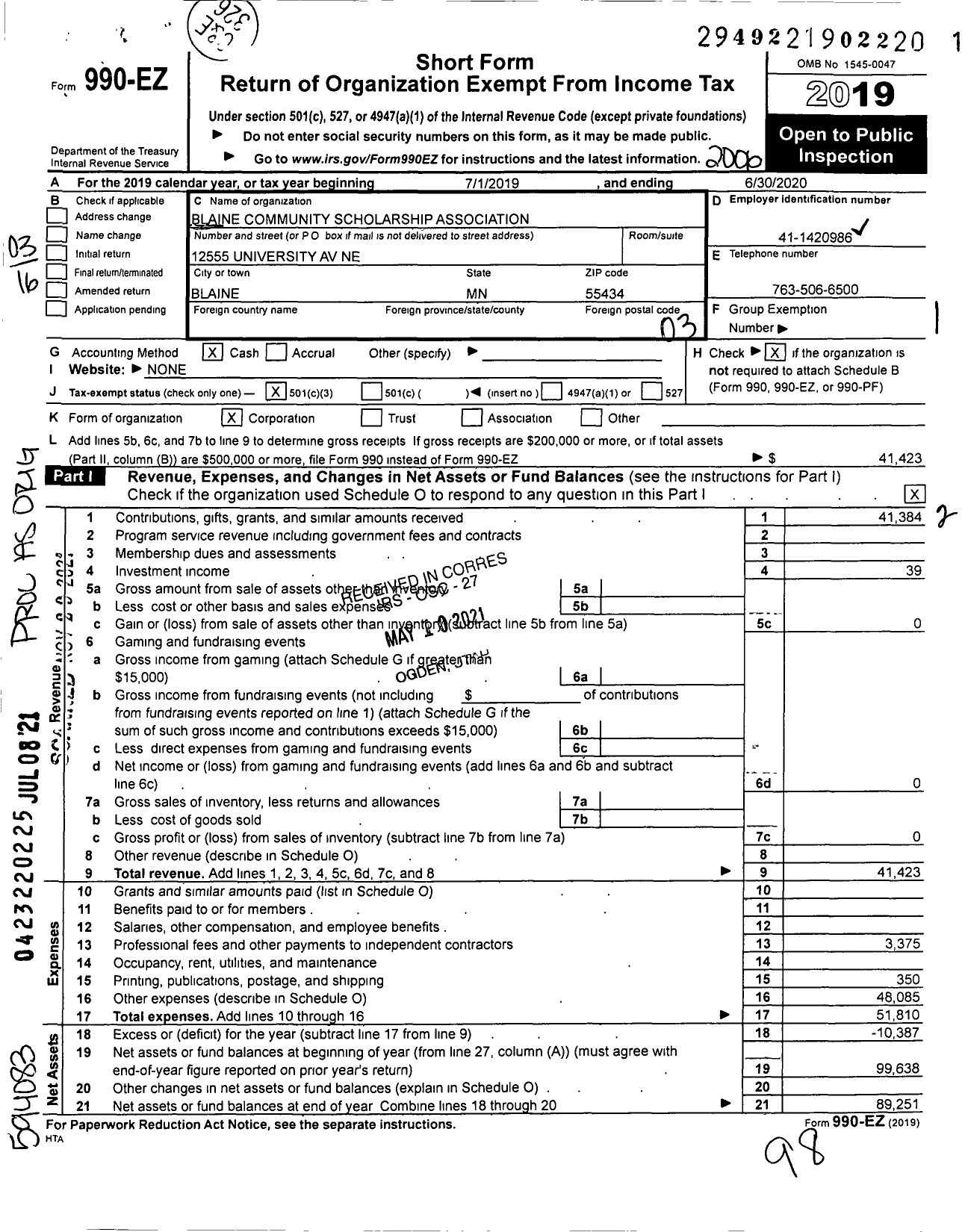 Image of first page of 2019 Form 990EZ for Blaine Community Scholarship Association