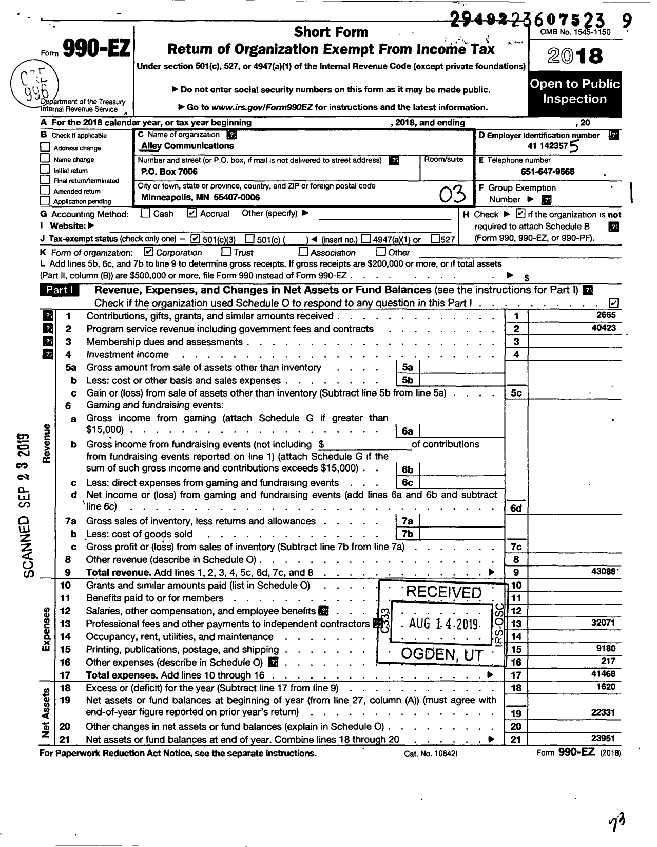 Image of first page of 2018 Form 990EZ for Alley Communications