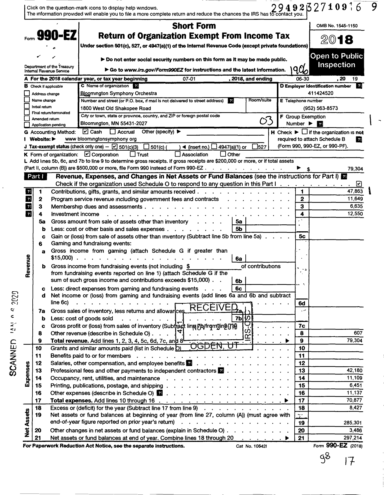 Image of first page of 2018 Form 990EZ for Bloomington Symphony Orchestra Association