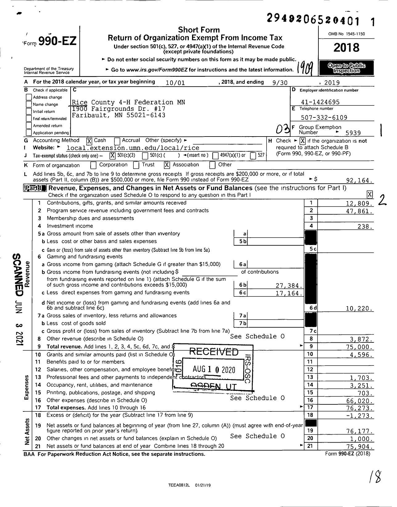 Image of first page of 2018 Form 990EZ for Rice County 4-H Federation MN