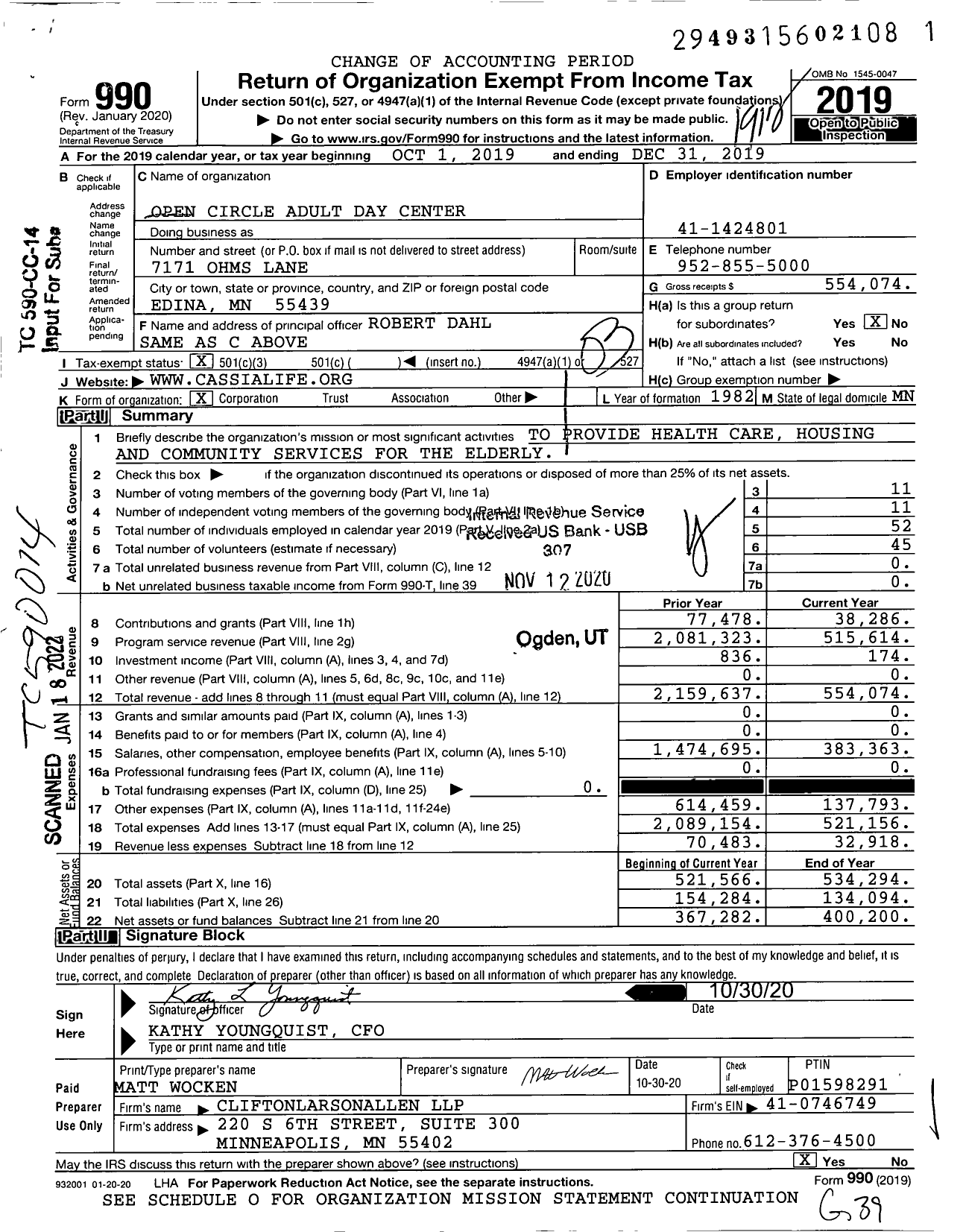 Image of first page of 2019 Form 990 for Open Circle Adult Day Care