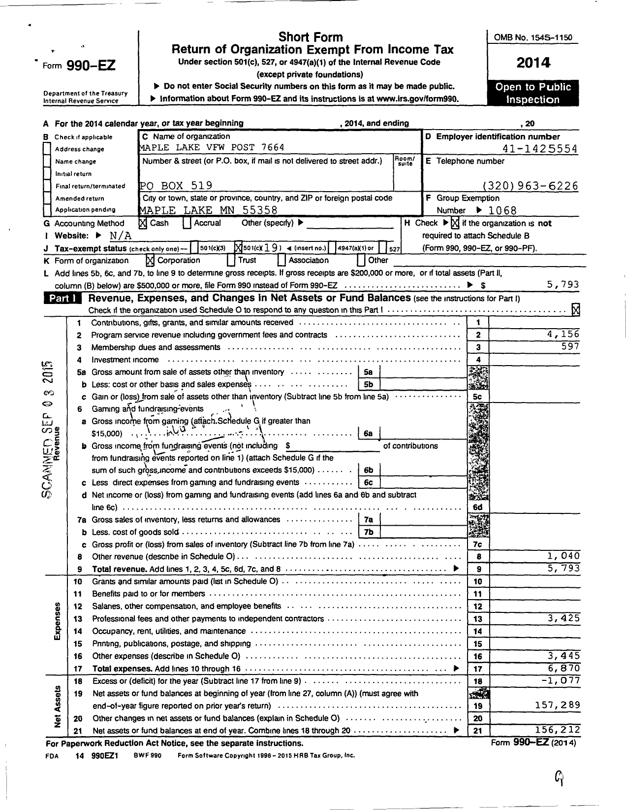 Image of first page of 2014 Form 990EO for MN VFW - Maple Lake VFW Post 7664