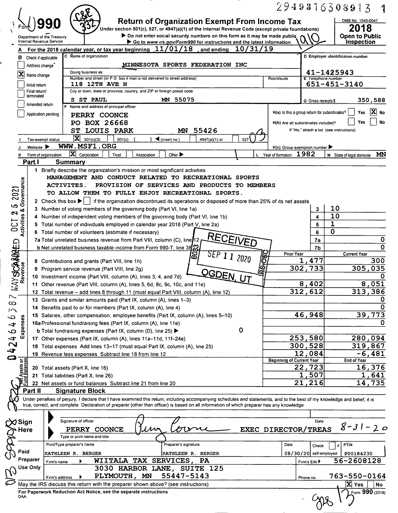 Image of first page of 2018 Form 990 for Minnesota Sports Federation