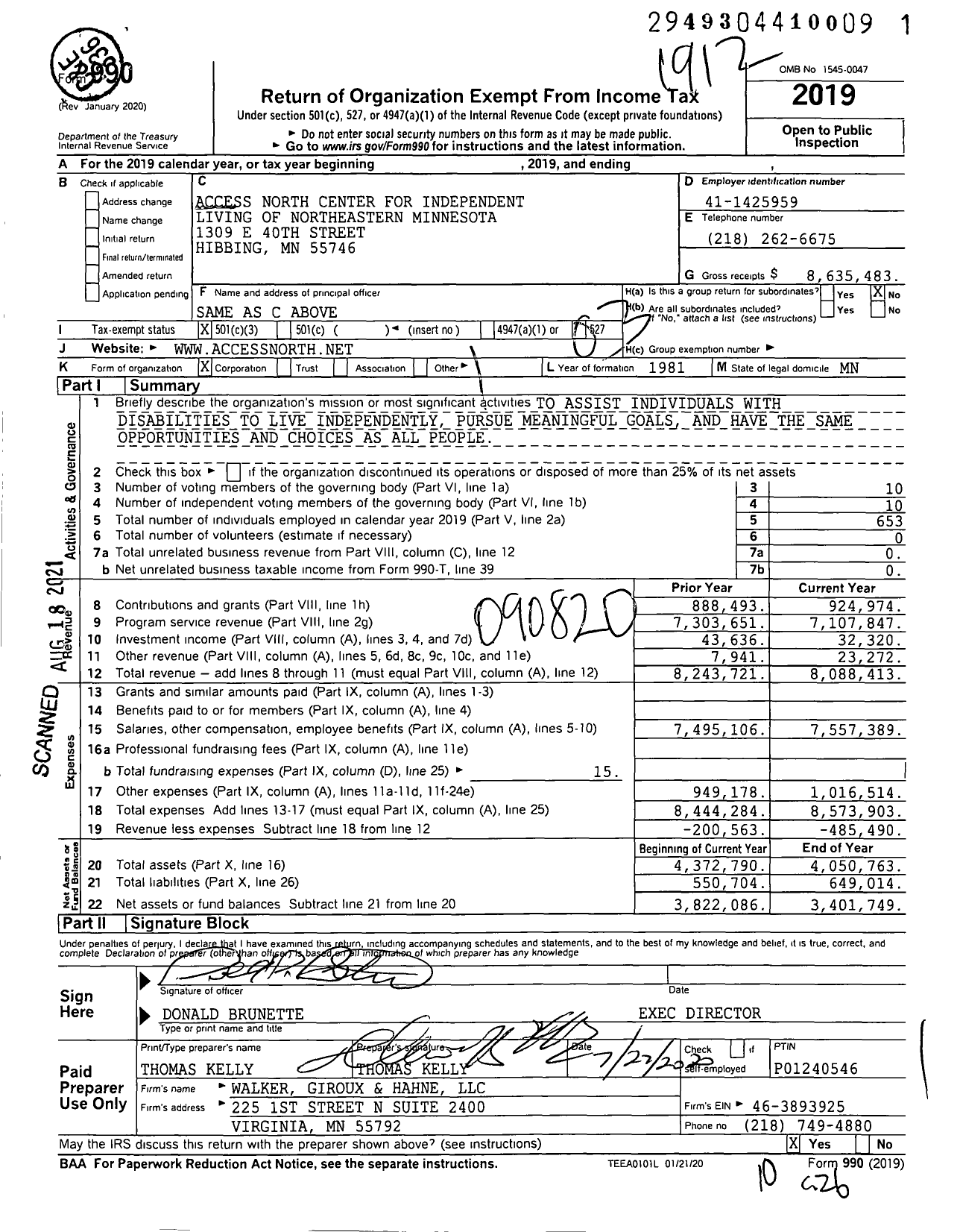 Image of first page of 2019 Form 990 for Access North Center for Independent Living of Northeastern Minnesota