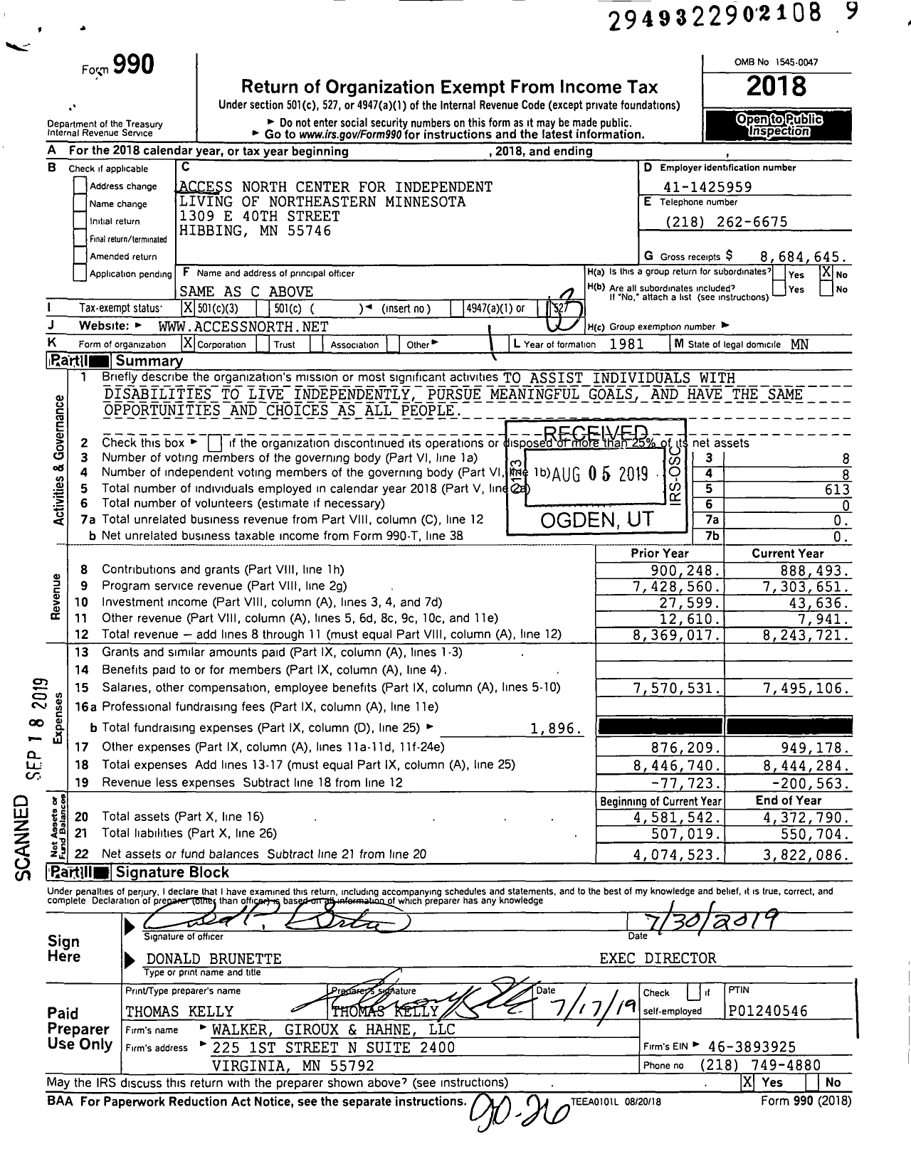 Image of first page of 2018 Form 990 for Access North Center for Independent Living of Northeastern Minnesota