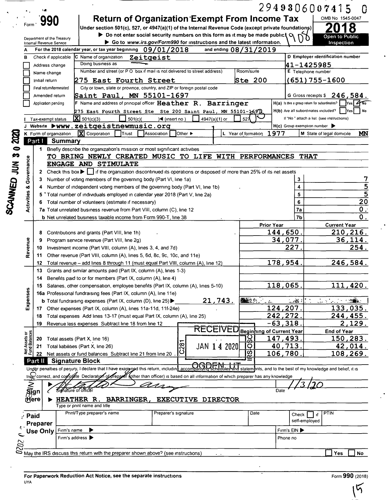 Image of first page of 2018 Form 990 for Zeitgeist