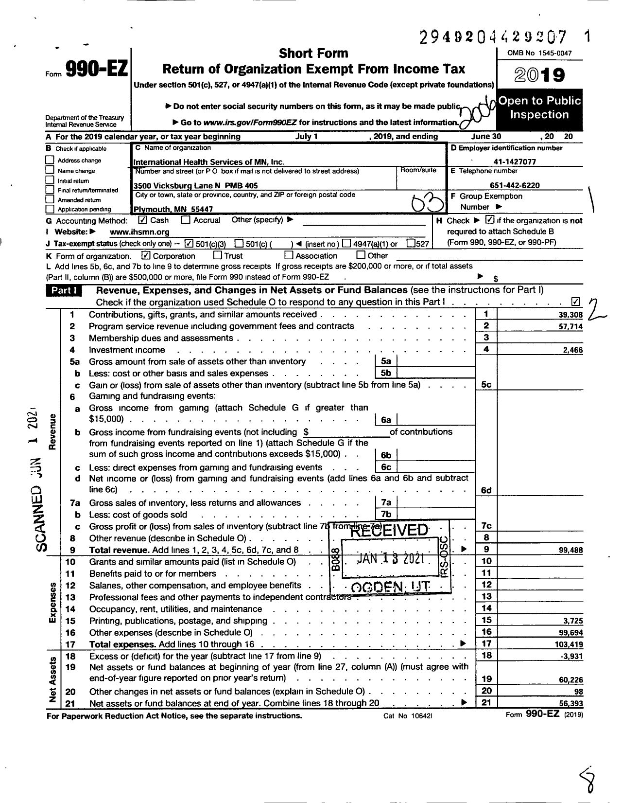 Image of first page of 2019 Form 990EZ for International Health Service of MN