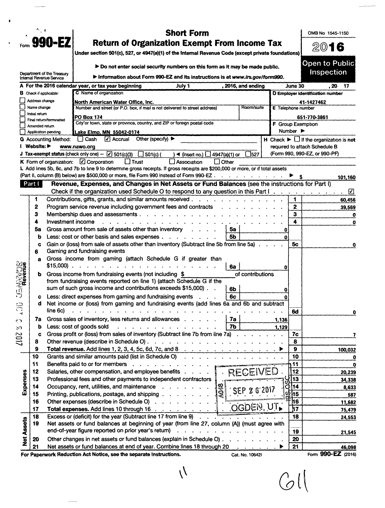 Image of first page of 2016 Form 990EZ for North American Water Office