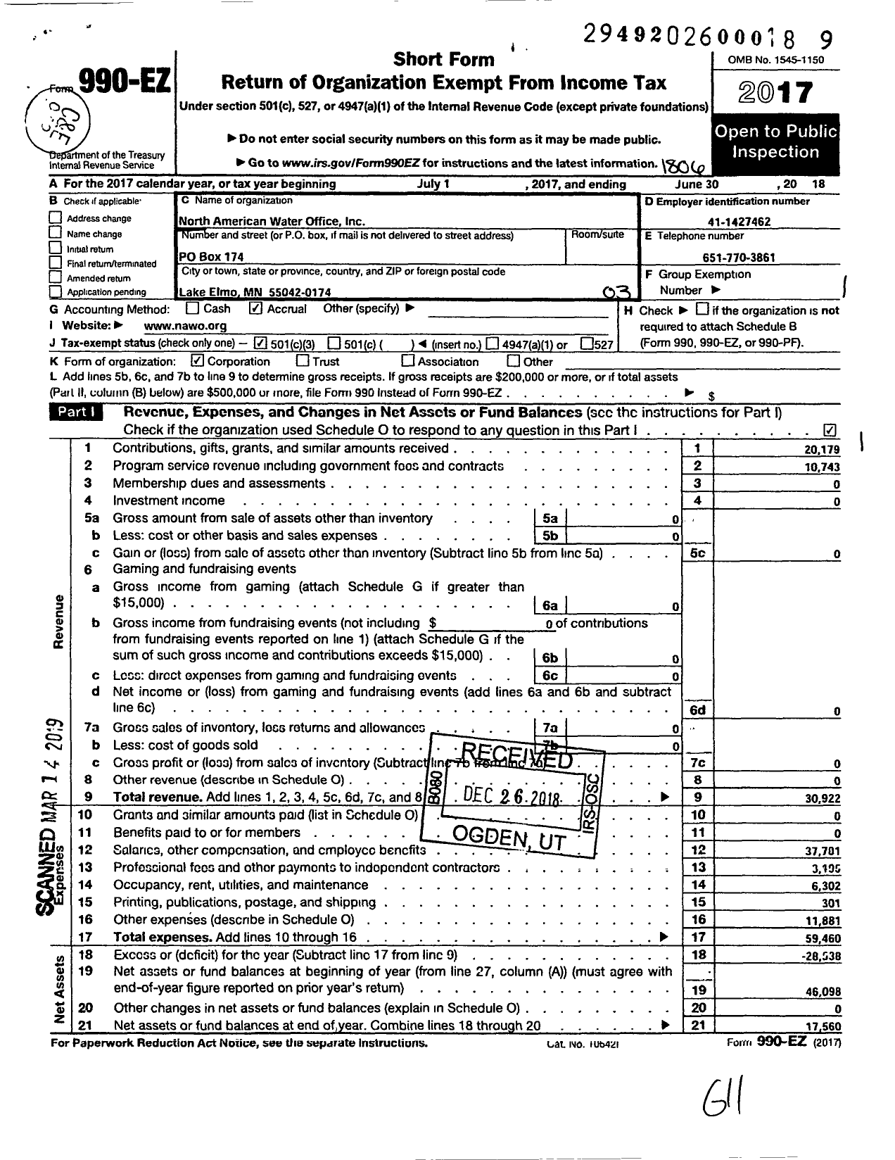 Image of first page of 2017 Form 990EZ for North American Water Office