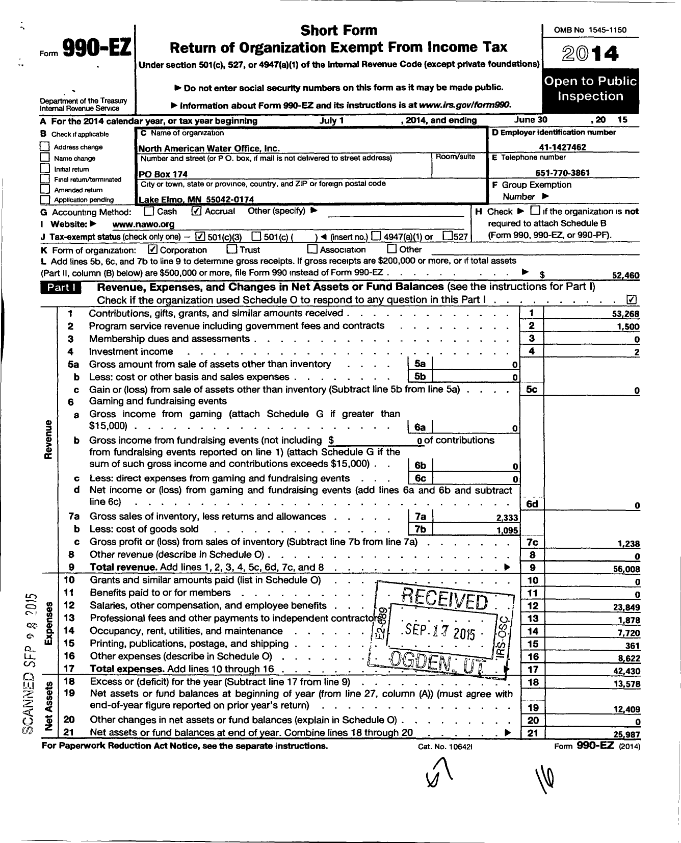 Image of first page of 2014 Form 990EZ for North American Water Office