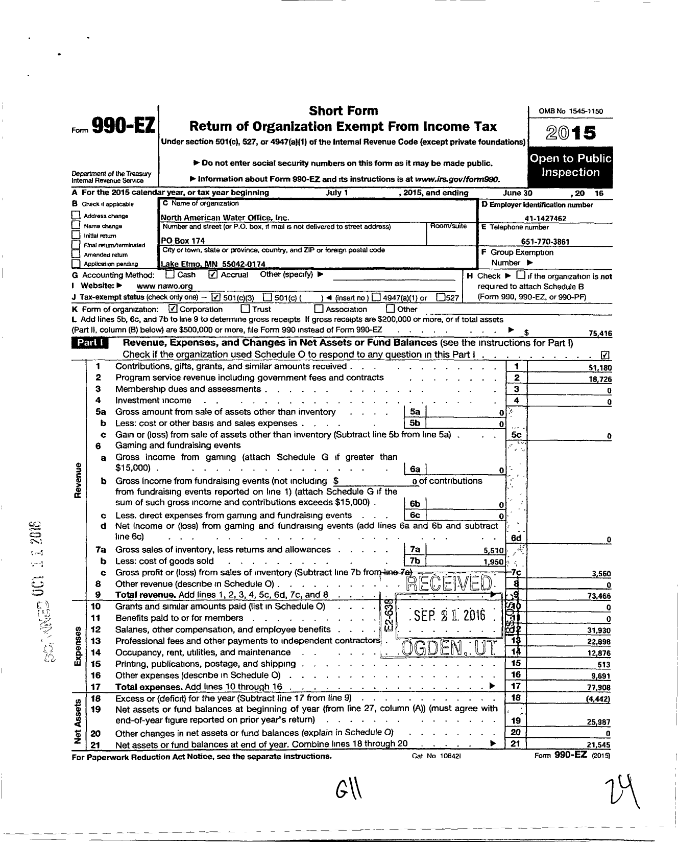 Image of first page of 2015 Form 990EZ for North American Water Office