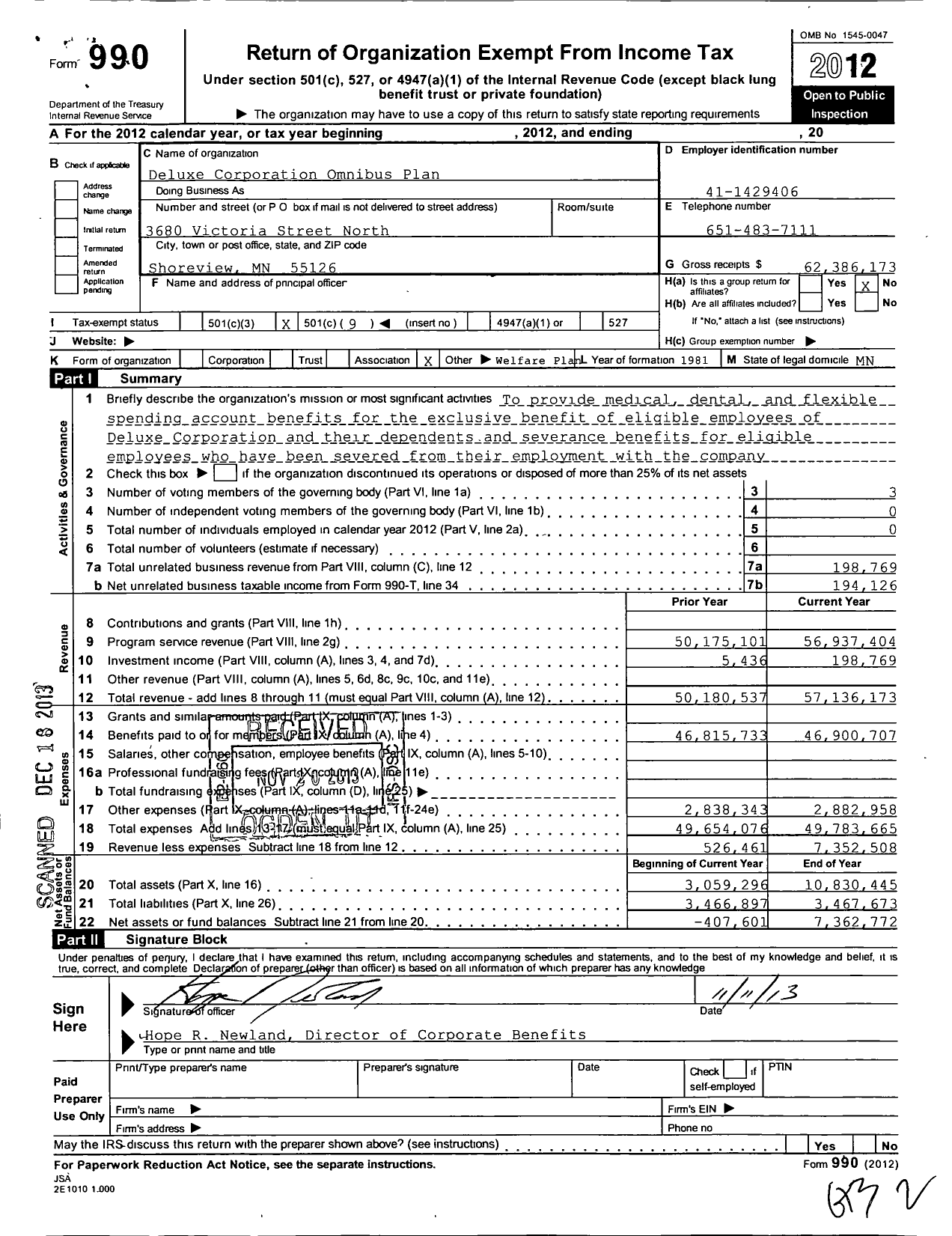 Image of first page of 2012 Form 990O for Deluxe Corporation Omnibus Plan