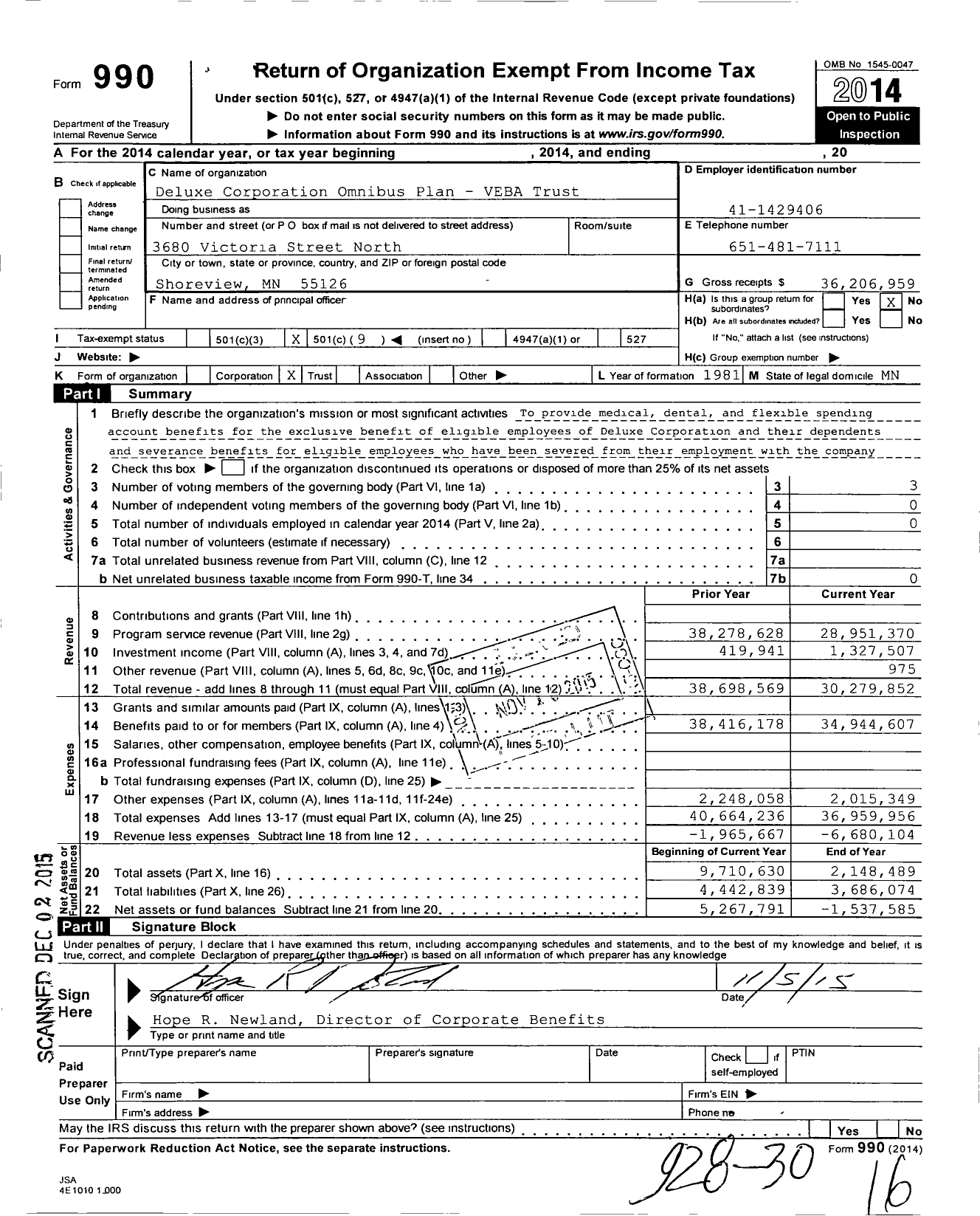 Image of first page of 2014 Form 990O for Deluxe Corporation Omnibus Plan