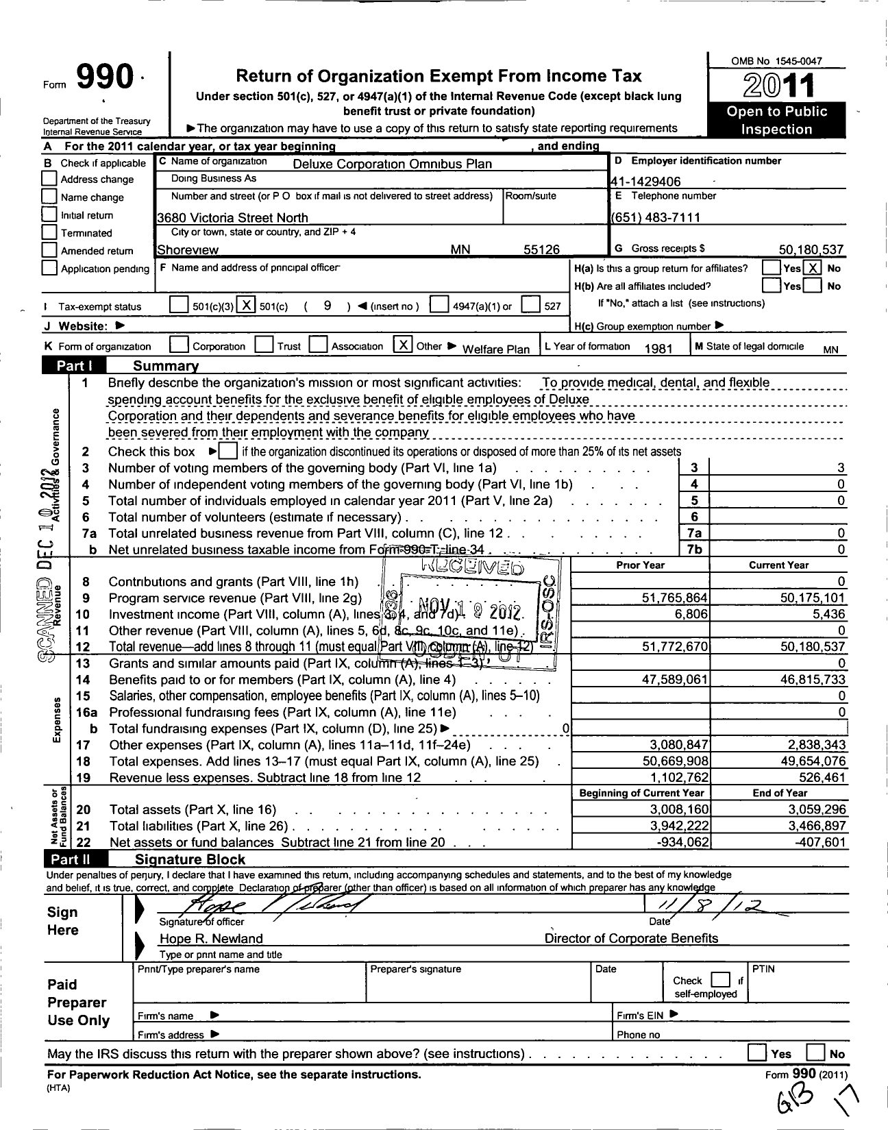 Image of first page of 2011 Form 990O for Deluxe Corporation Omnibus Plan