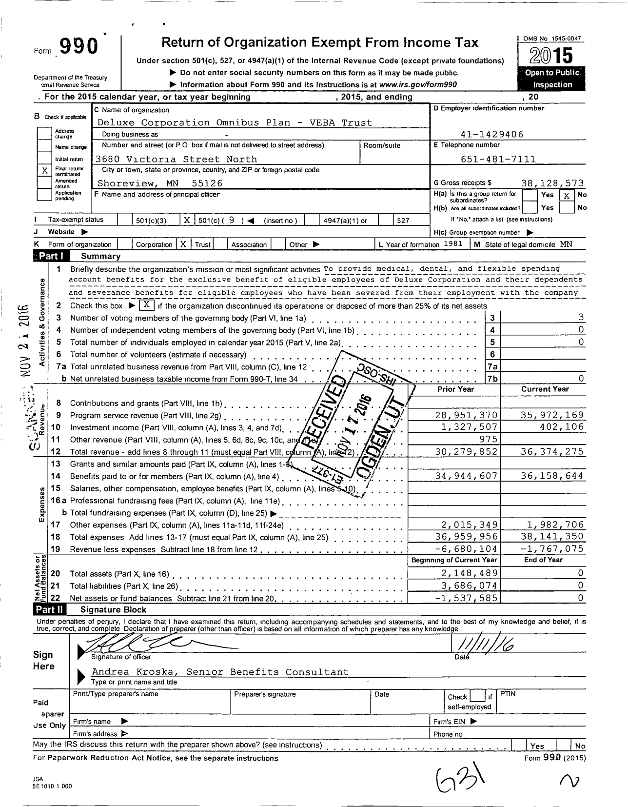 Image of first page of 2015 Form 990O for Deluxe Corporation Omnibus Plan