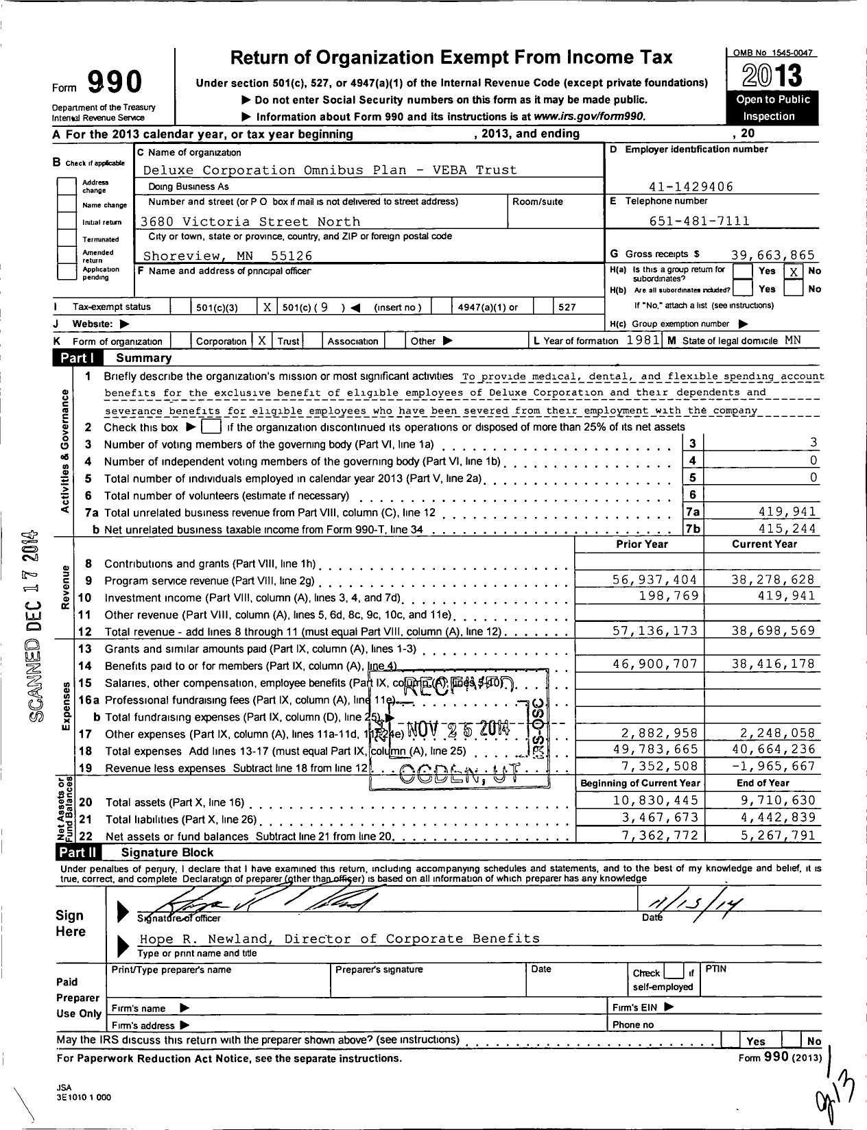 Image of first page of 2013 Form 990O for Deluxe Corporation Omnibus Plan