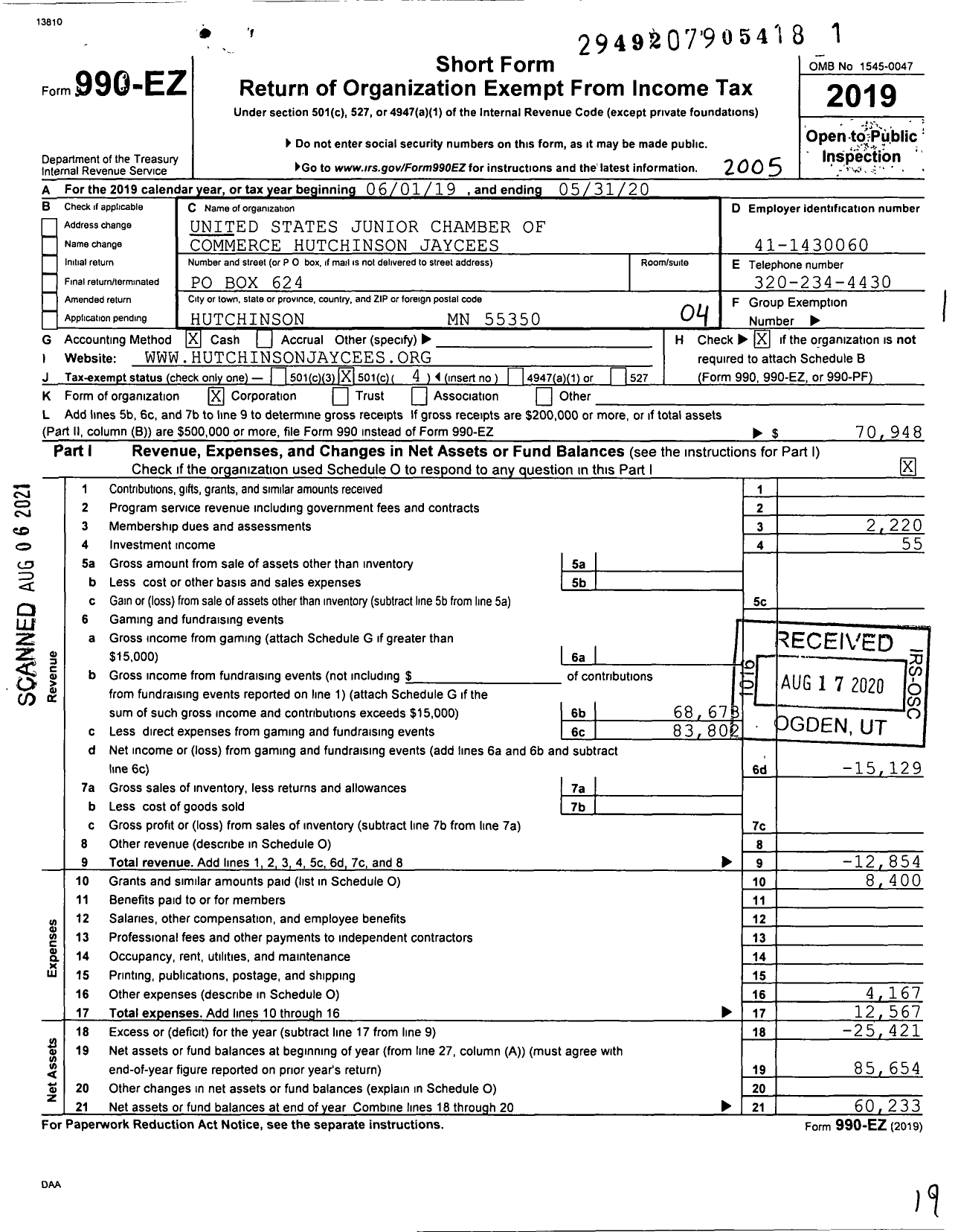 Image of first page of 2019 Form 990EO for United States Junior Chamber of Commerce Hutchinson Jaycees