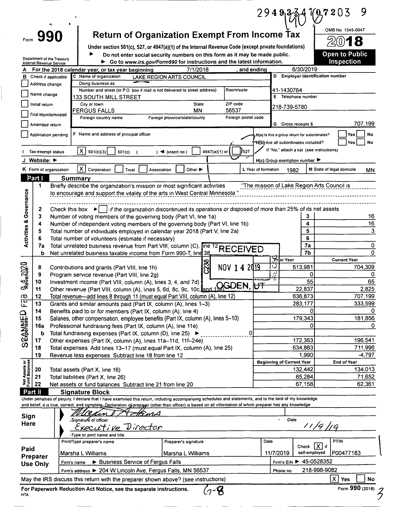 Image of first page of 2018 Form 990 for Lake Region Arts Council